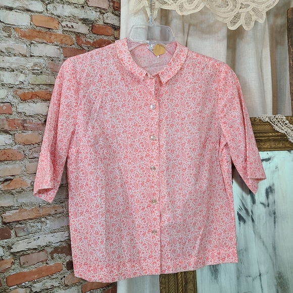 Vintage 1960s 1970s Pink Floral Button Up Blouse Short Sleeve Summer Shirt - Picture 8 of 9